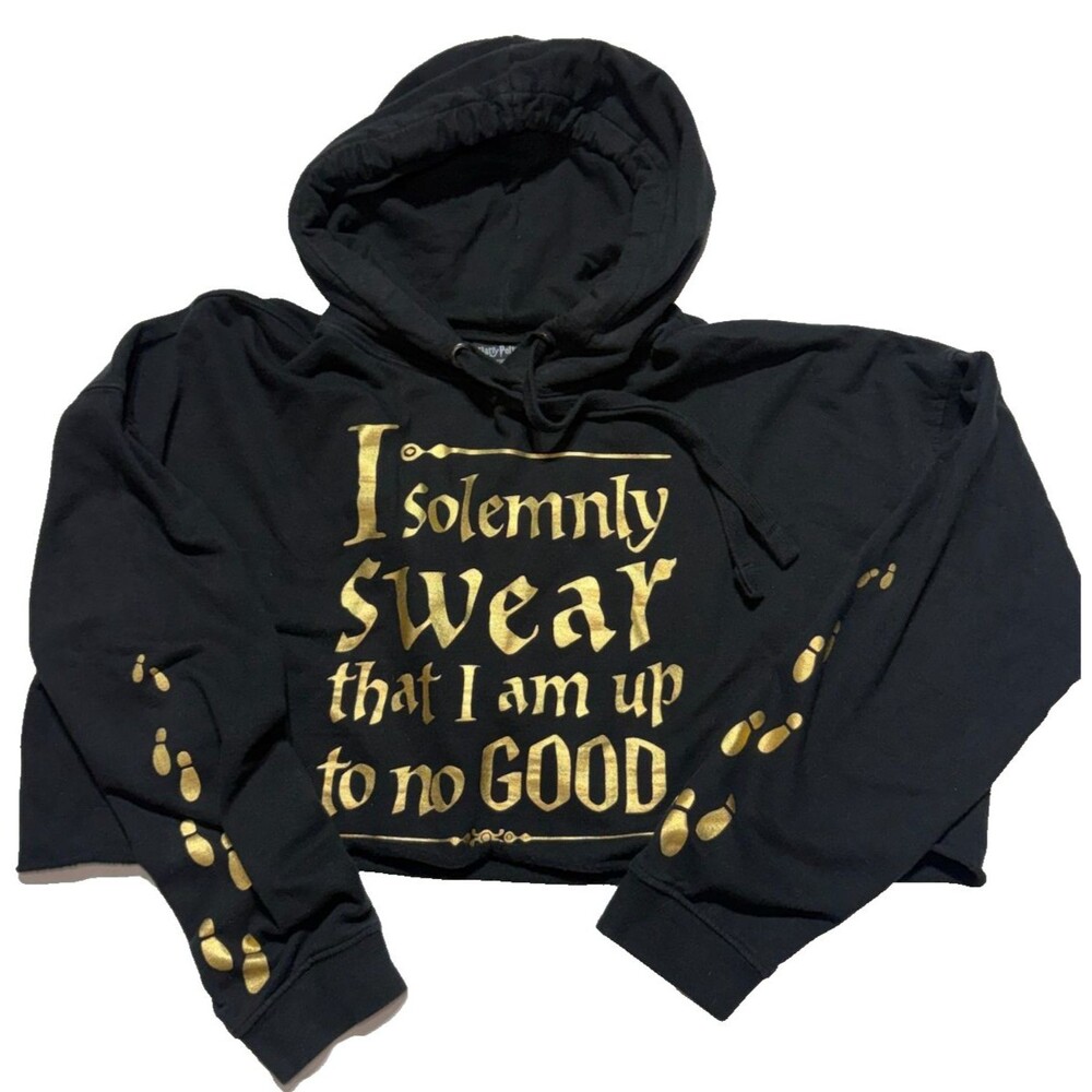 Harry Potter Marauders Map Cropped Hoodie Womens L Black Gold Foil Graphic